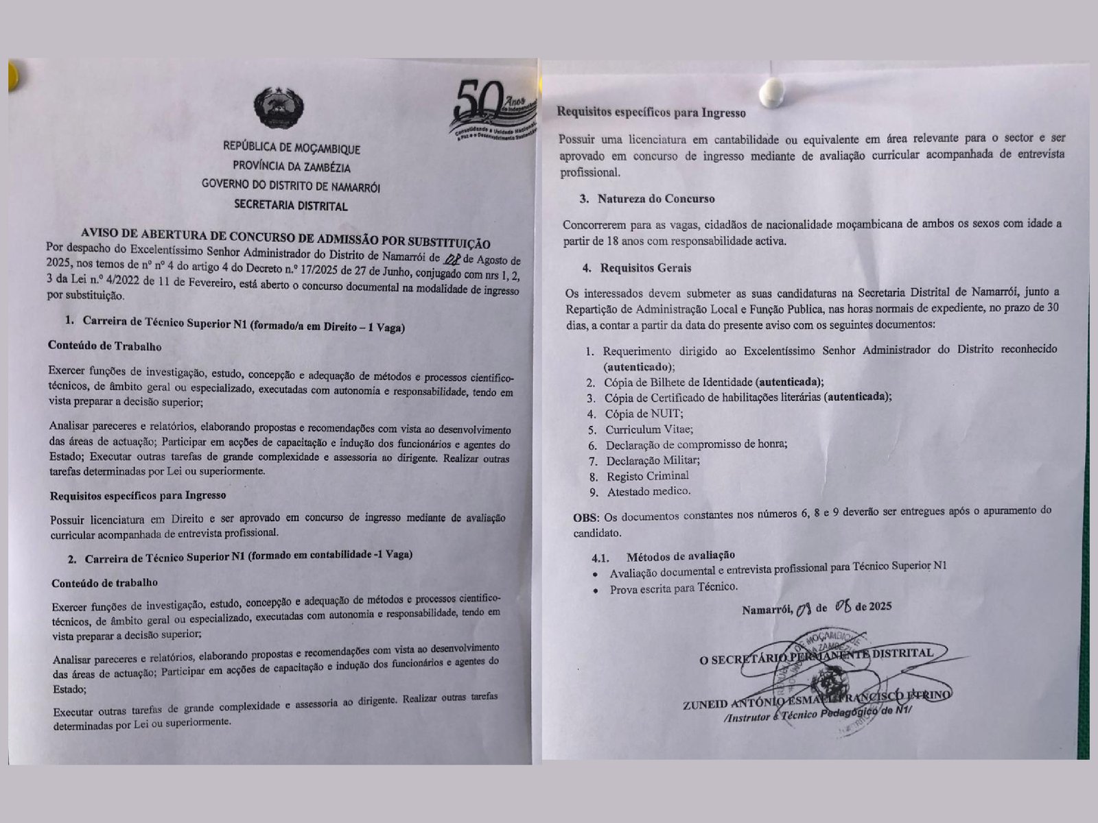 Aviso de Abertura de Concurso de Admissão por Substituição — Distrito de Namarrói