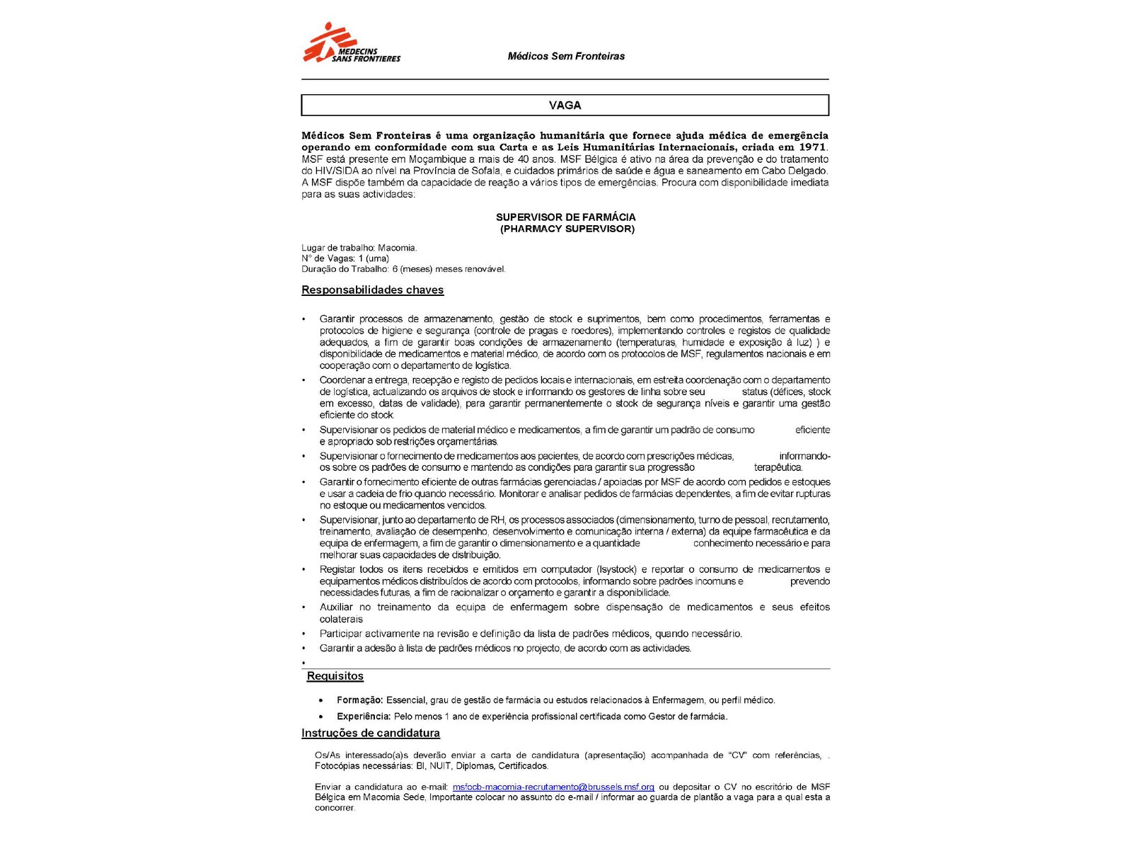 CONCURSO DE RECRUTAMENTO — Supervisor de Farmácia (Pharmacy Supervisor)